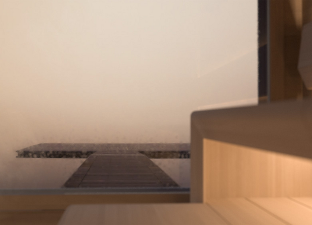 View from inside the TAIVE Outdoor sauna cabin. 